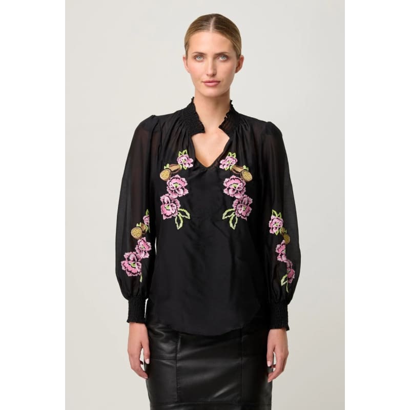 Catalina Embroidered Cotton Silk Blouse | Black Flores