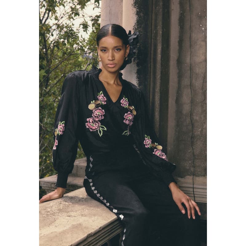 Catalina Embroidered Cotton Silk Blouse | Black Flores