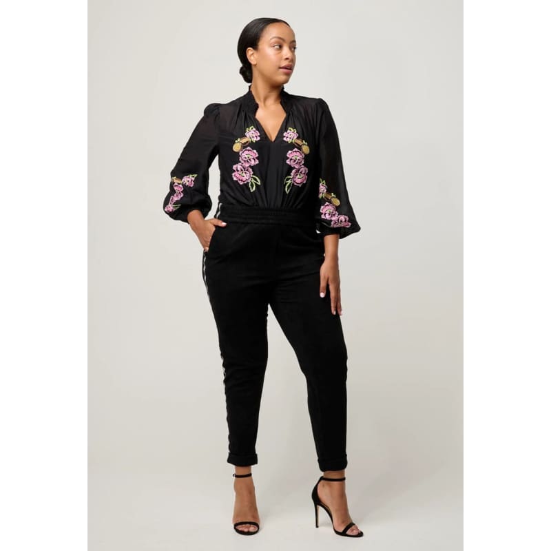 Catalina Embroidered Cotton Silk Blouse | Black Flores