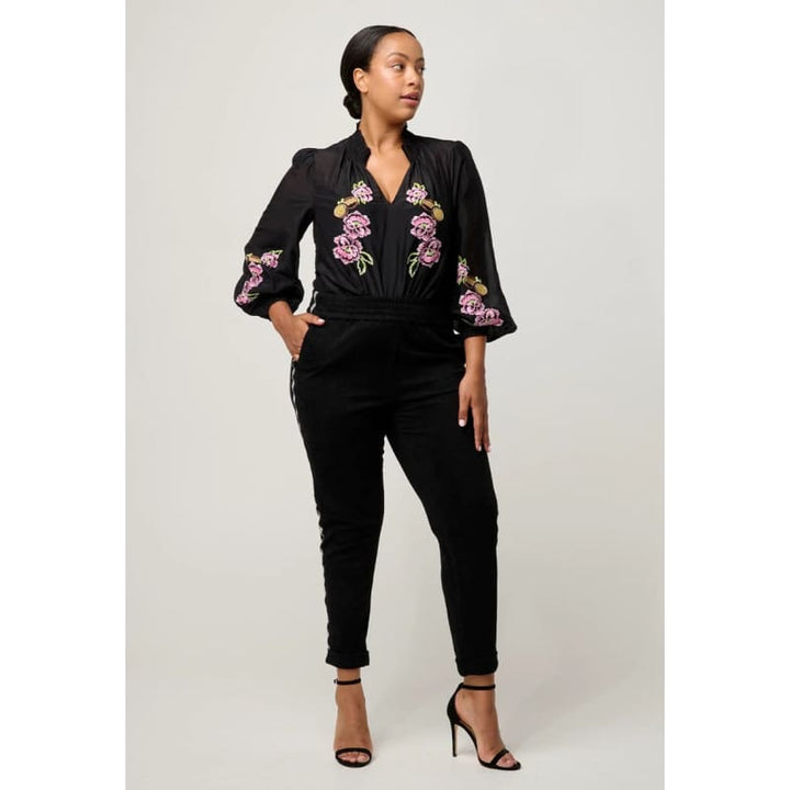 Catalina Embroidered Cotton Silk Blouse | Black Flores