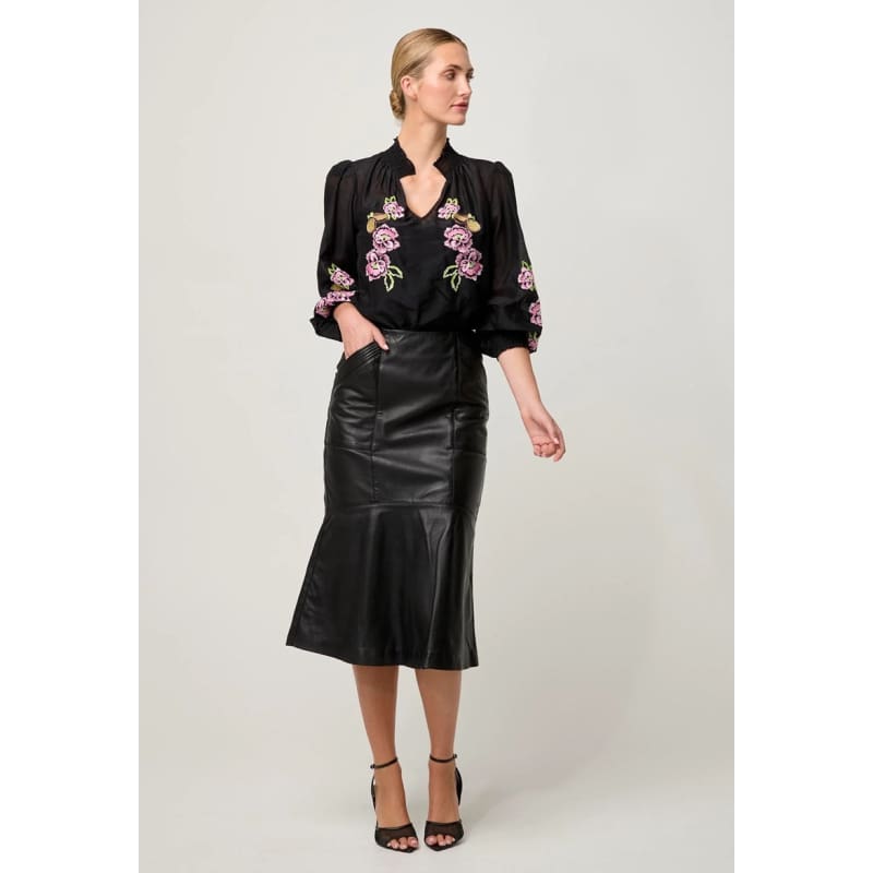 Catalina Embroidered Cotton Silk Blouse | Black Flores