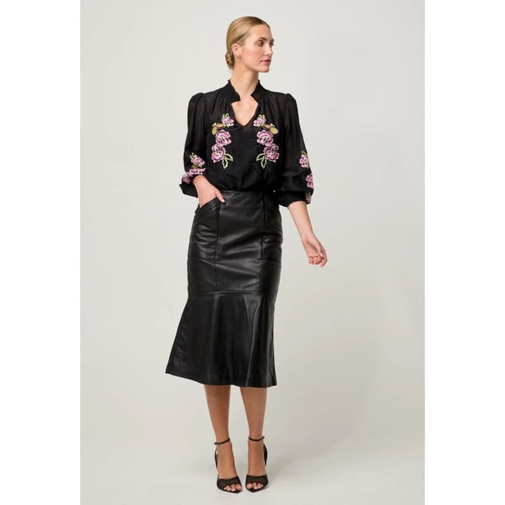 Catalina Embroidered Cotton Silk Blouse | Black Flores