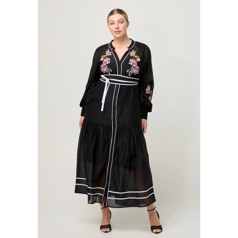 Catalina Embroidered Cotton Silk Maxi Dress | Black Flores - Dress
