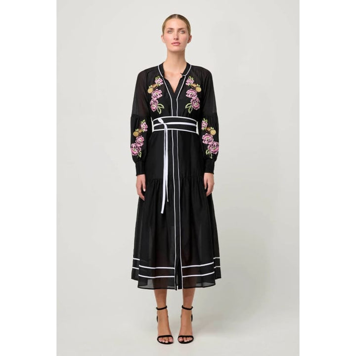 Catalina Embroidered Cotton Silk Maxi Dress | Black Flores - Dress