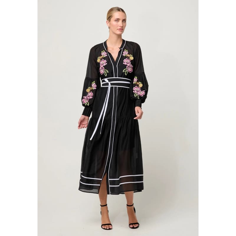 Catalina Embroidered Cotton Silk Maxi Dress | Black Flores - Dress