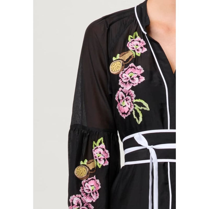 Catalina Embroidered Cotton Silk Maxi Dress | Black Flores - Dress