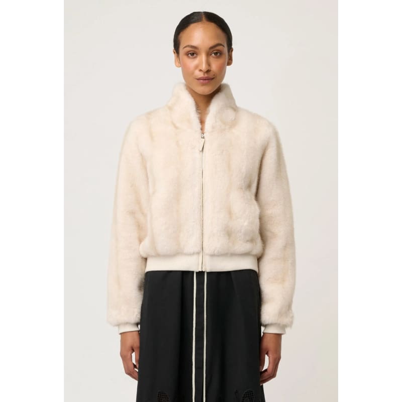 Chrysta Faux Fur Rib Detail Bomber Jacket | Porcelain - Jackets