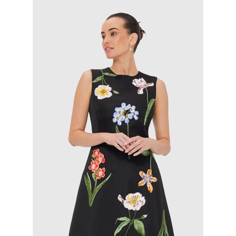 Cleo Embroidered Sleeveless Midi Dress | Botanical Print Ebony - Dress