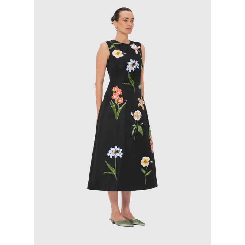 Cleo Embroidered Sleeveless Midi Dress | Botanical Print Ebony - Dress