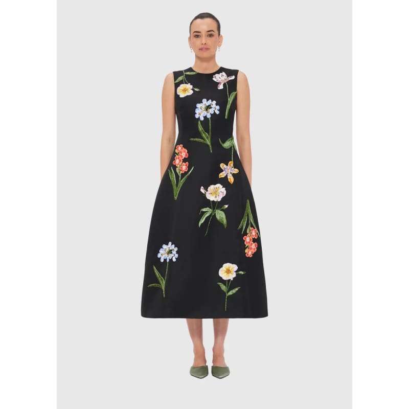 Cleo Embroidered Sleeveless Midi Dress | Botanical Print Ebony - Dress