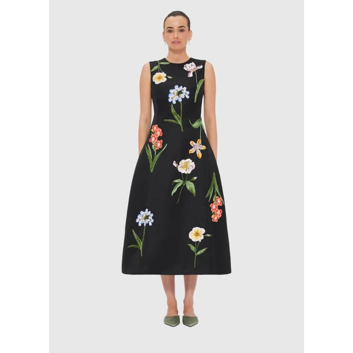 Cleo Embroidered Sleeveless Midi Dress | Botanical Print Ebony - Dress