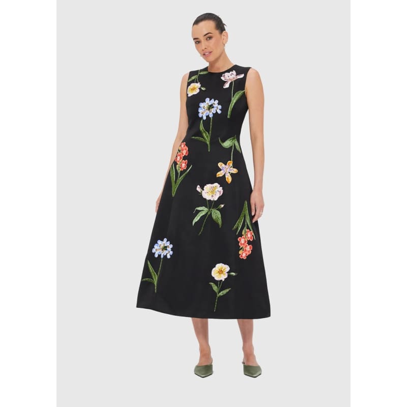 Cleo Embroidered Sleeveless Midi Dress | Botanical Print Ebony - Dress