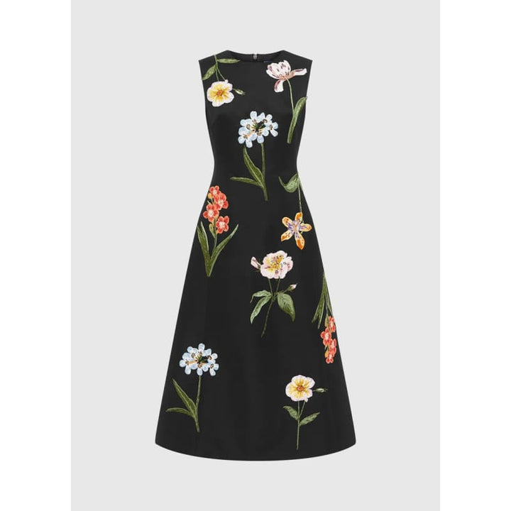 Cleo Embroidered Sleeveless Midi Dress | Botanical Print Ebony - Dress
