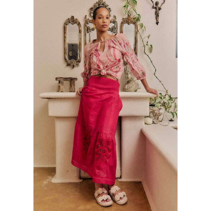 Cordelia Shirred Waist Silk Cotton Skirt | Ruby - Bottoms