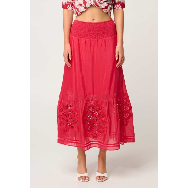 Cordelia Shirred Waist Silk Cotton Skirt | Ruby - Bottoms