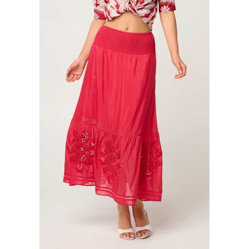 Cordelia Shirred Waist Silk Cotton Skirt | Ruby - Bottoms