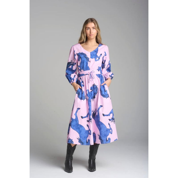 Cotton V Neck Printed Dress | Stallion Print - Dress