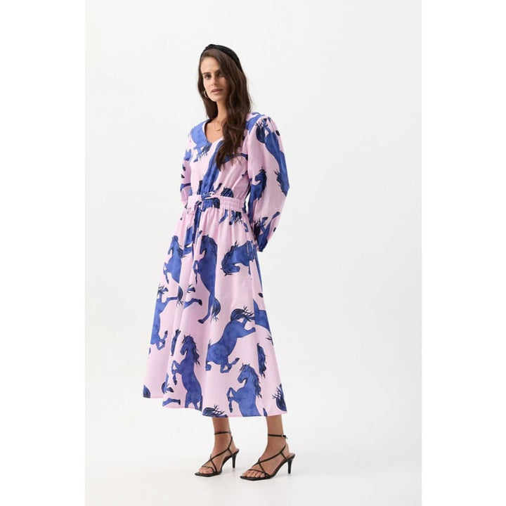 Cotton V Neck Printed Dress | Stallion Print - Dress