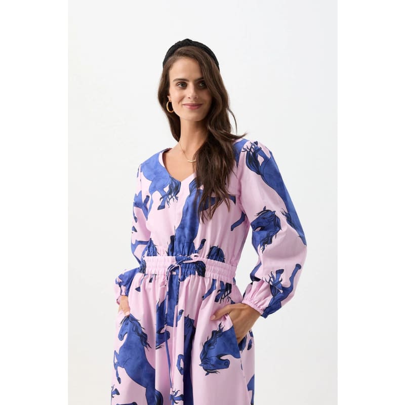 Cotton V Neck Printed Dress | Stallion Print - Dress