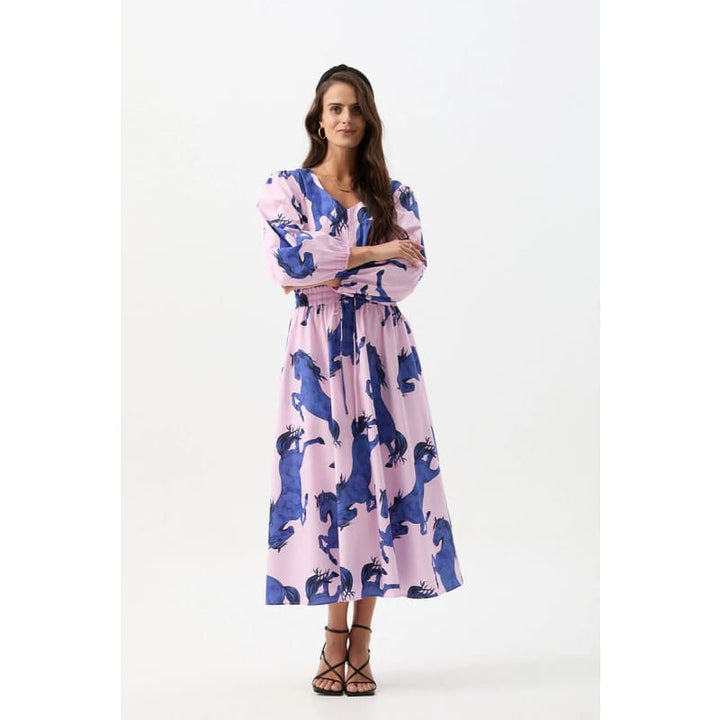 Cotton V Neck Printed Dress | Stallion Print - Dress