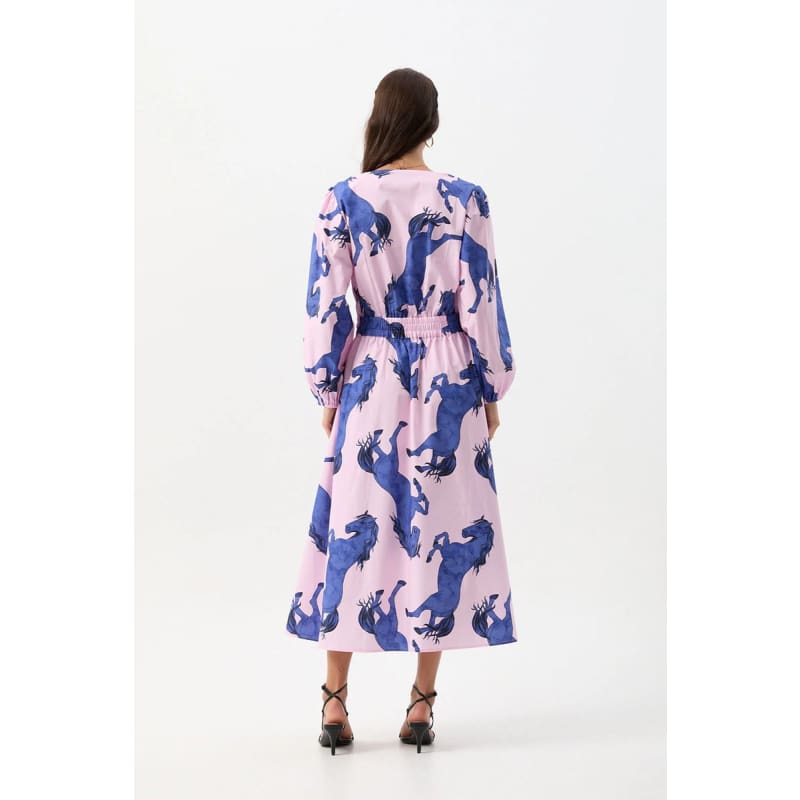 Cotton V Neck Printed Dress | Stallion Print - Dress