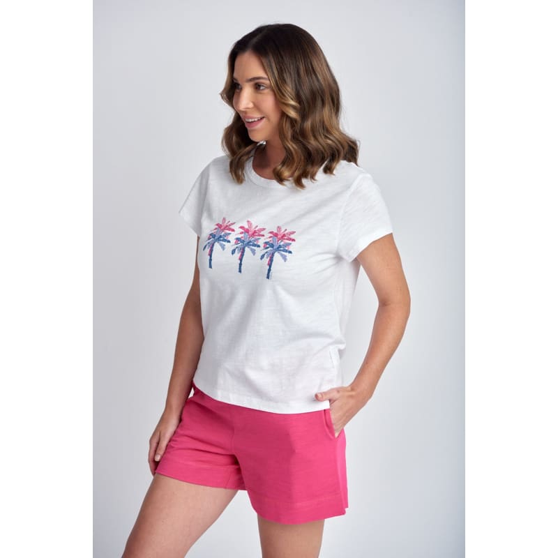 Crew Neck Printed Palm Tee | White & Blue & Pink C1378-36 S24 - Tops