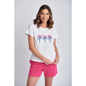 Crew Neck Printed Palm Tee | White & Blue & Pink C1378-36 S24 - Tops