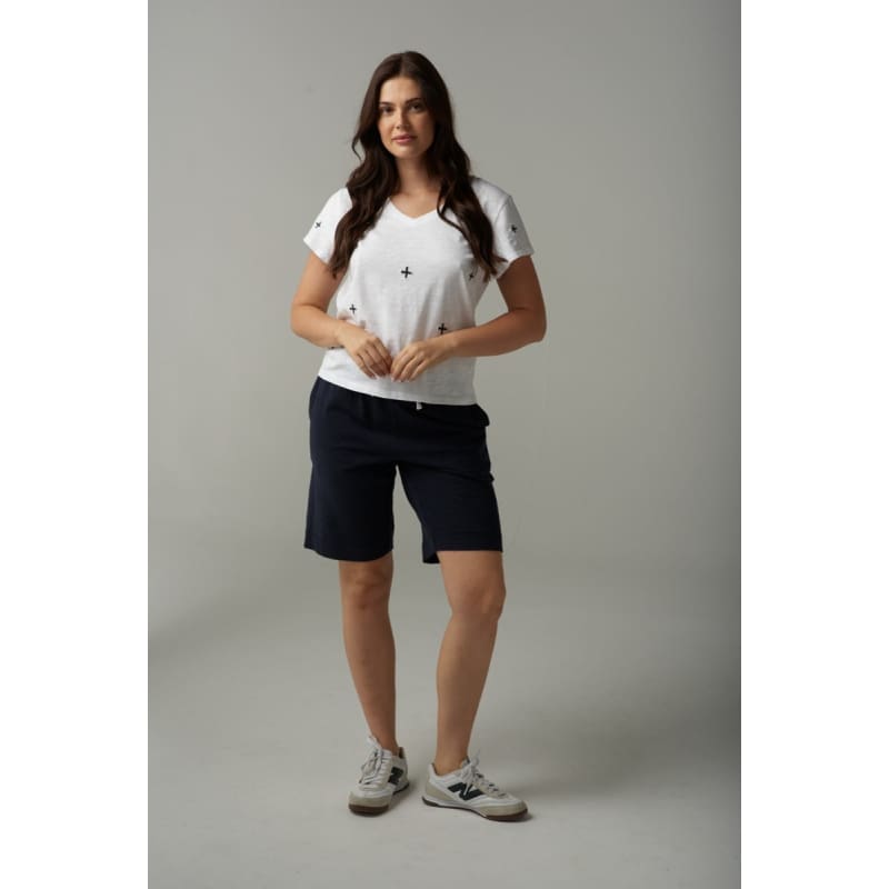 Cross Embroidered V Neck Tee | White Parisian C13012-241 - Tops