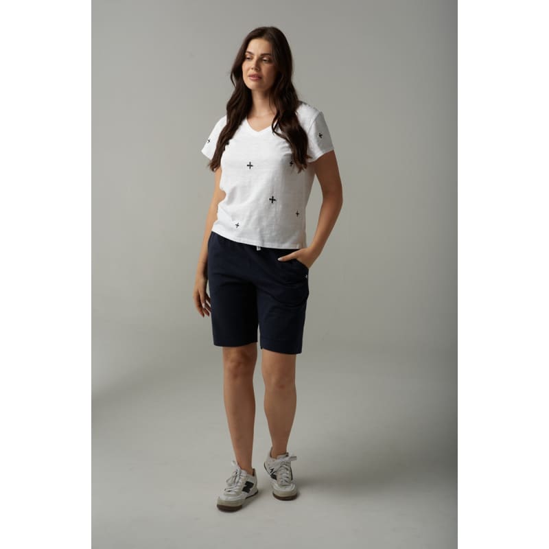 Cross Embroidered V Neck Tee | White Parisian C13012-241 - Tops