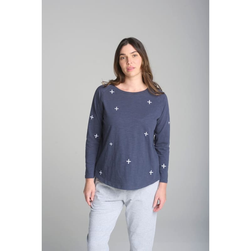 Cross Full Embroidered Long Sleeve Tee | Parisian Blue & White - Tops