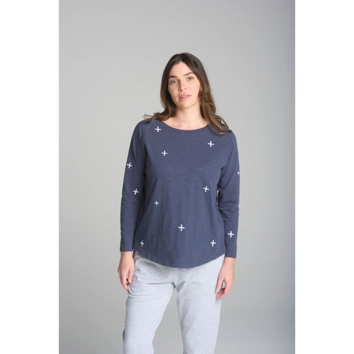 Cross Full Embroidered Long Sleeve Tee | Parisian Blue & White - Tops