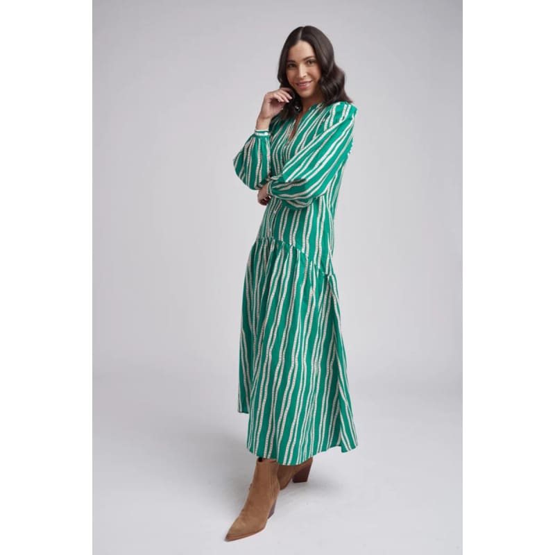 Drop Waist Maxi Dress | Green Beige Stripe