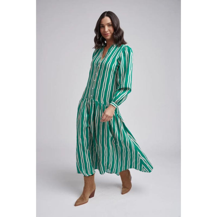 Drop Waist Maxi Dress | Green Beige Stripe