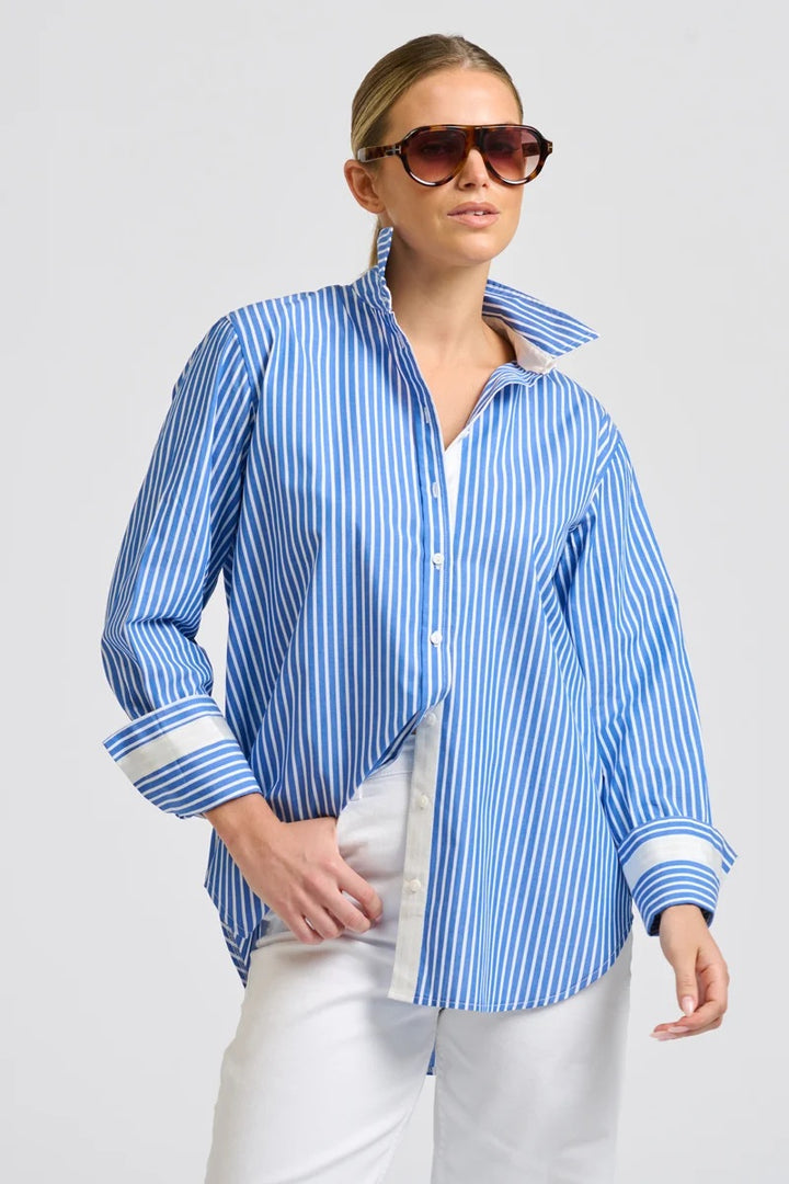 Elodie Trim Floral Shirt | Mid Blue Stripe