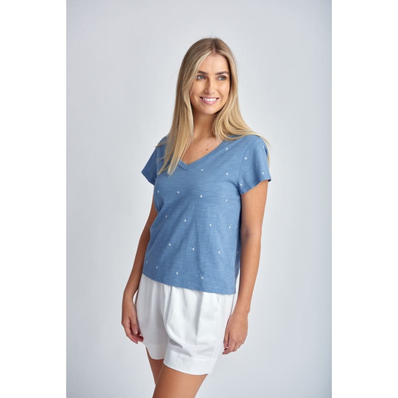 Embroidered Tee | Deep Blue & White C1385-S24 - Tops