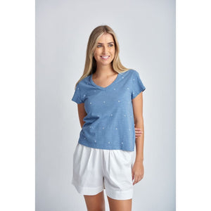 Embroidered Tee | Deep Blue & White C1385-S24 - Tops