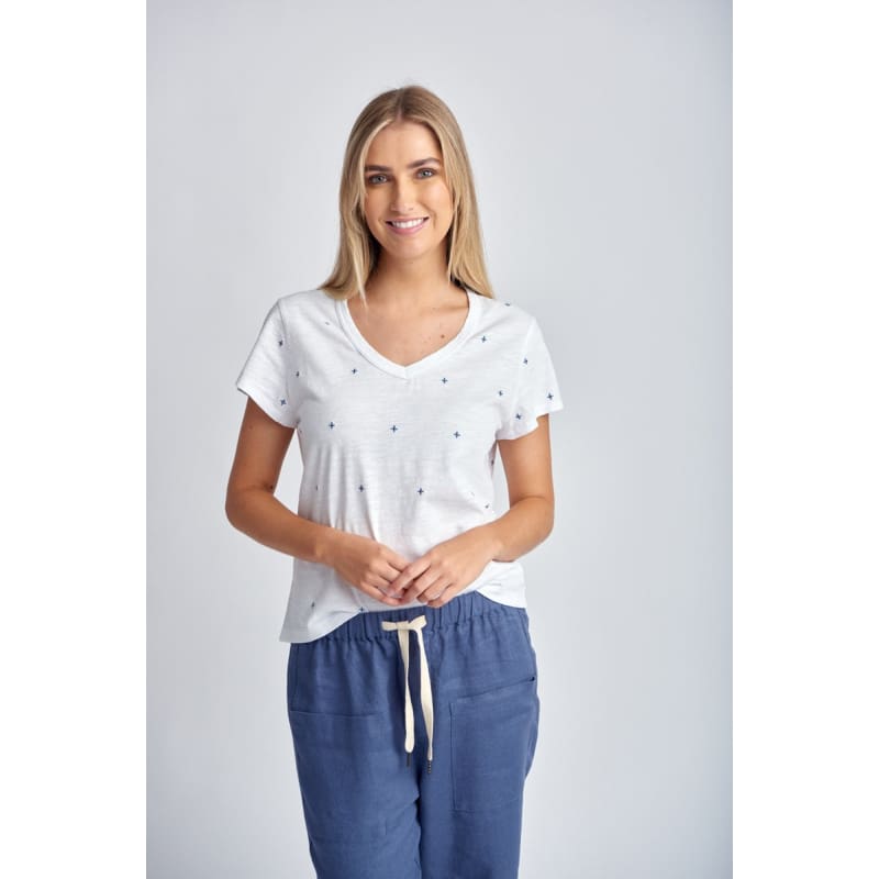 Embroidered Tee | White & Deep Blue C1385-S24 - Tops