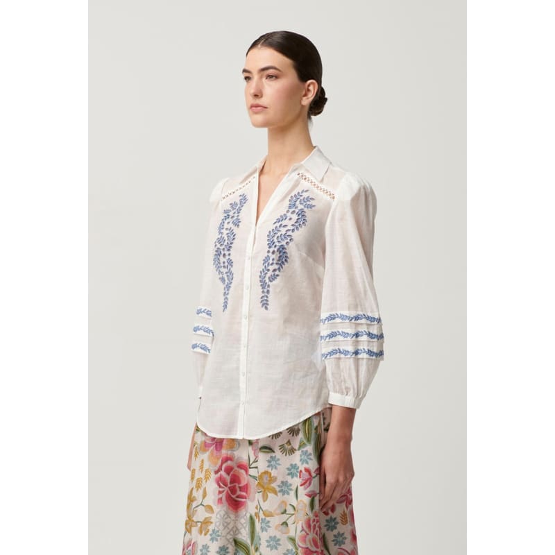 Fleurine Embroidered Cotton Slub Shirt | Milk - Tops