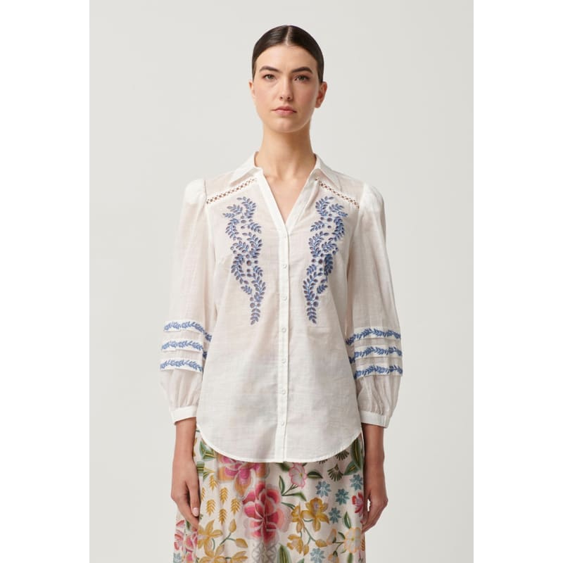 Fleurine Embroidered Cotton Slub Shirt | Milk - Tops