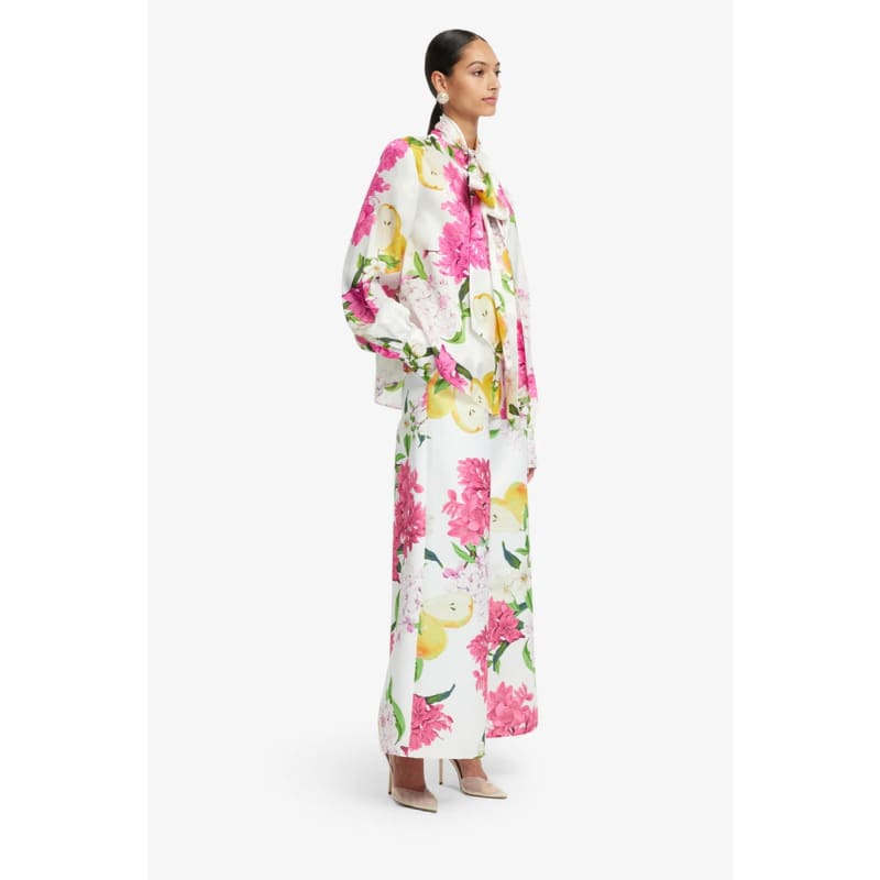 Freya Tie Neck Silk Blouse | Floral Pear Print - Tops