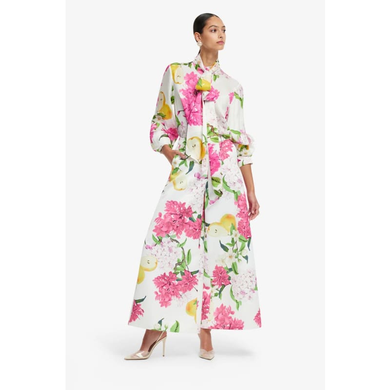 Freya Tie Neck Silk Blouse | Floral Pear Print - Tops