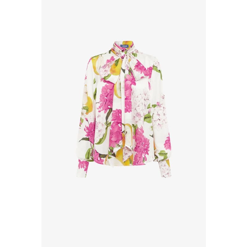 Freya Tie Neck Silk Blouse | Floral Pear Print - Tops