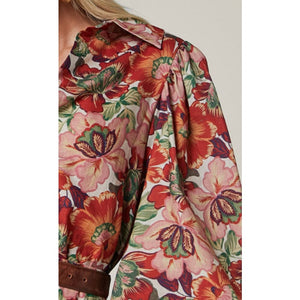 Hanae Linen Blend Collared Puff Sleeve Shirt | Musee Print - Tops