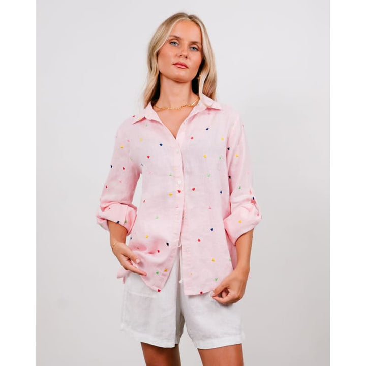 Heart Embroidered Shirt | Pink - Tops