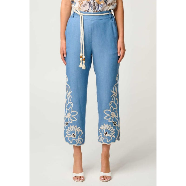 Helm Tencel Embroidered Straight Leg Pant | Sky - Bottoms