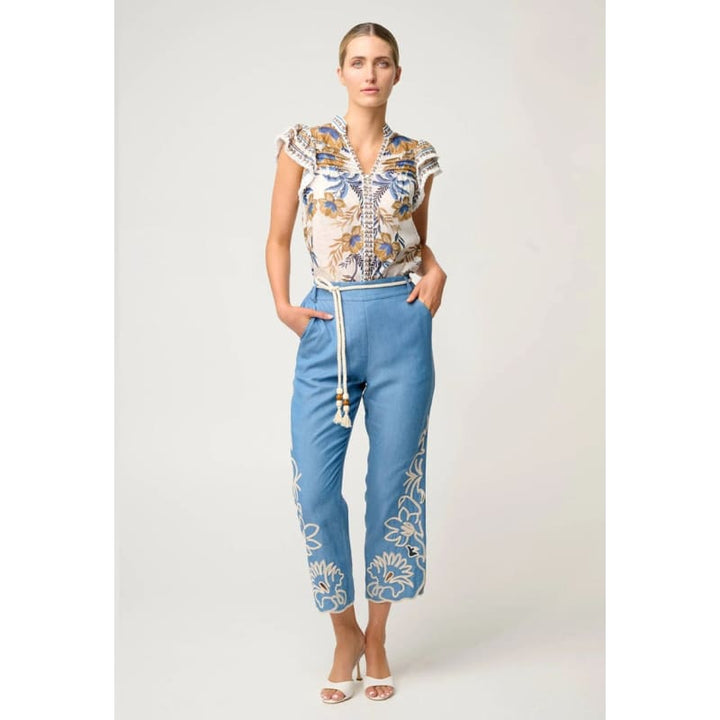 Helm Tencel Embroidered Straight Leg Pant | Sky - Bottoms
