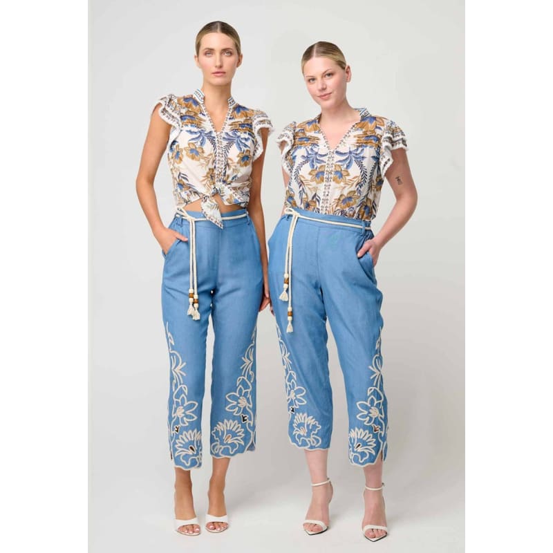 Helm Tencel Embroidered Straight Leg Pant | Sky - Bottoms