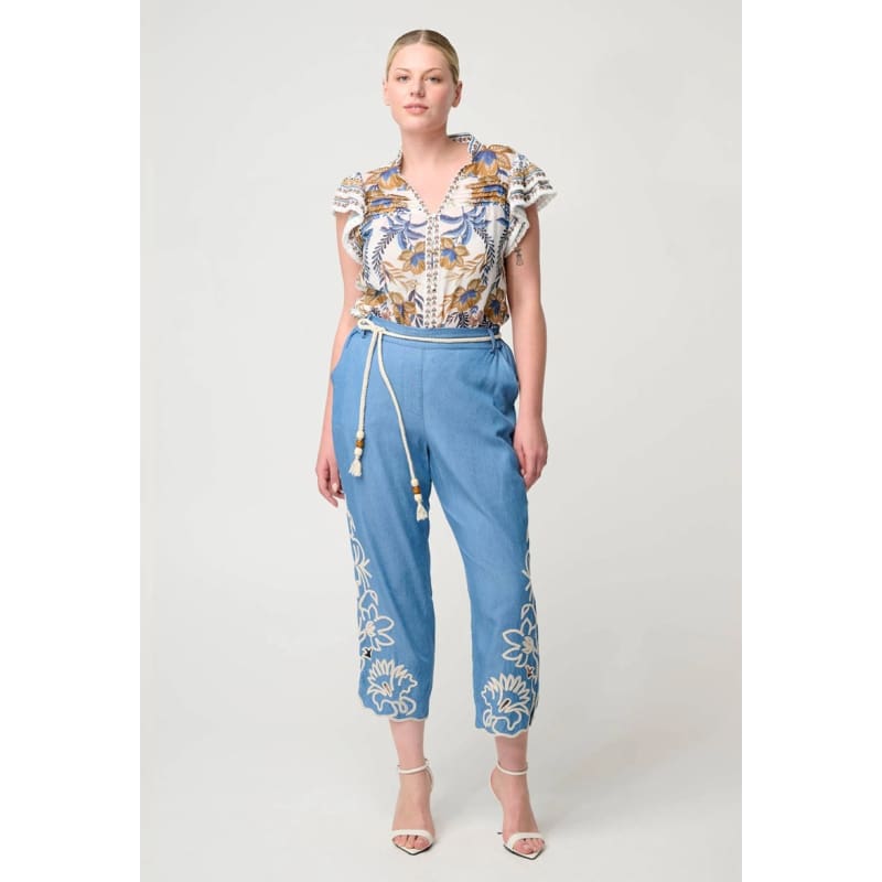 Helm Tencel Embroidered Straight Leg Pant | Sky - Bottoms