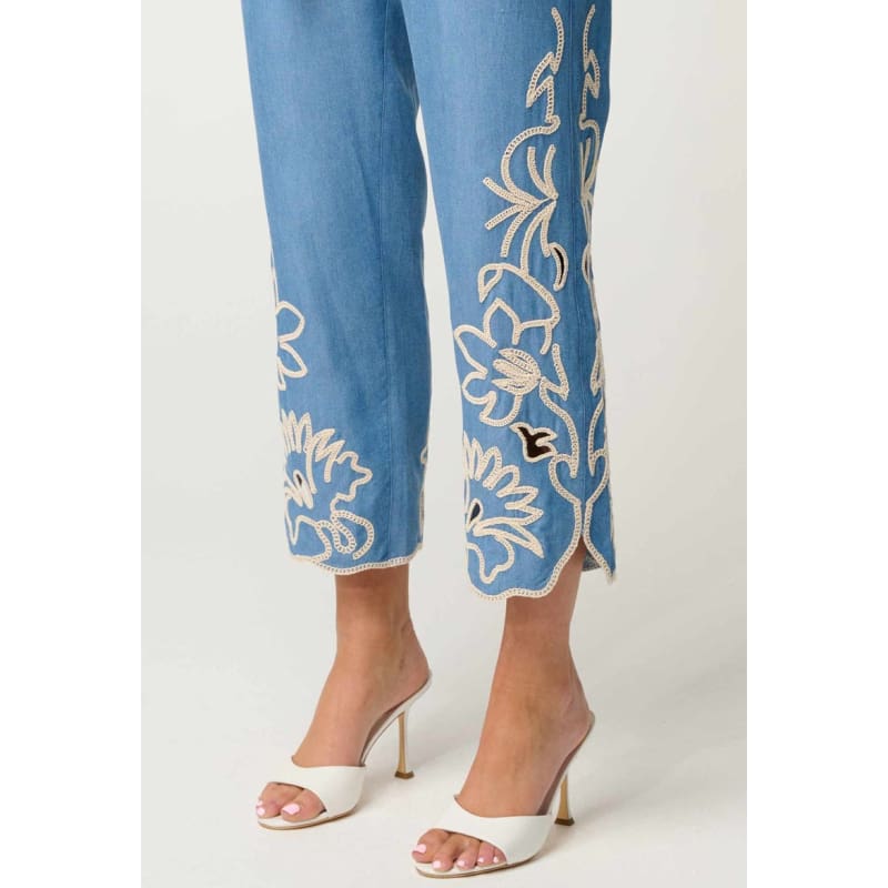 Helm Tencel Embroidered Straight Leg Pant | Sky - Bottoms