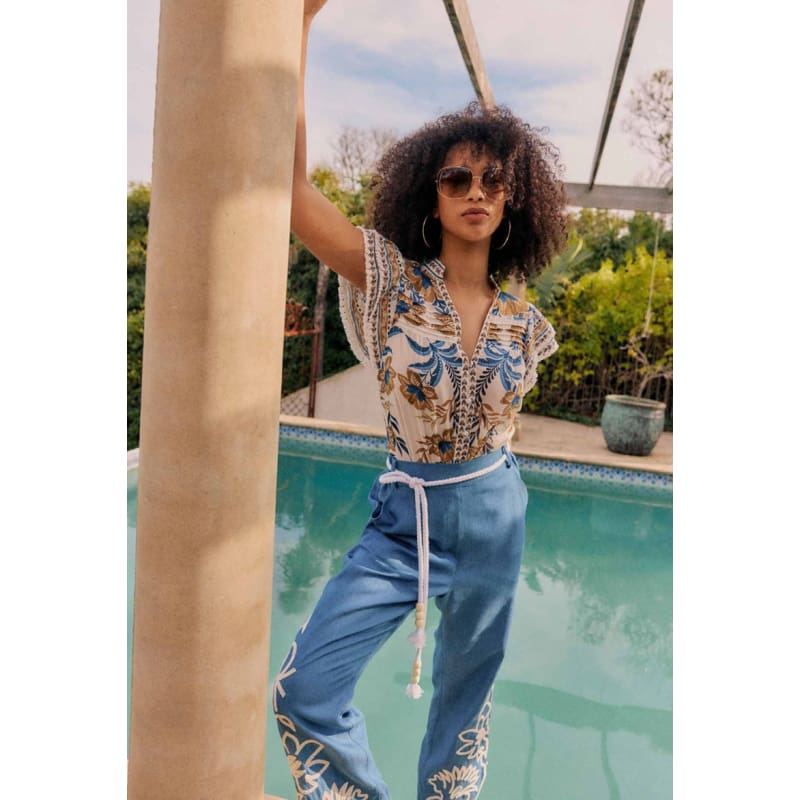 Helm Tencel Embroidered Straight Leg Pant | Sky - Bottoms